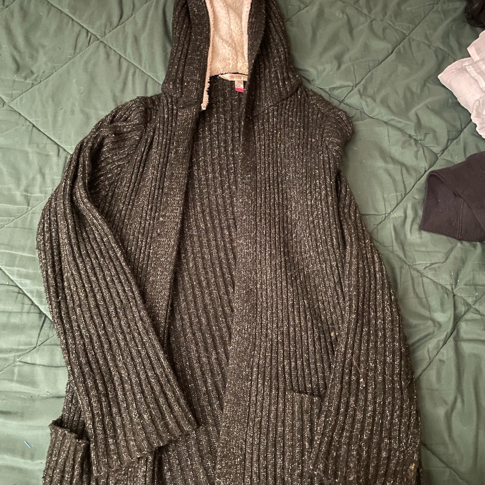 No Boundaries Black Flecked Ribbed Hooded Cardigan with Cream Sherpa Trim